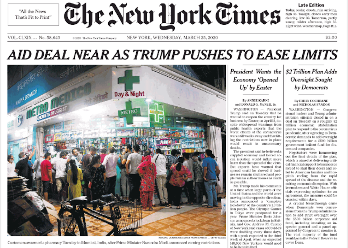 NYT prima pagina 25 marzo 2020