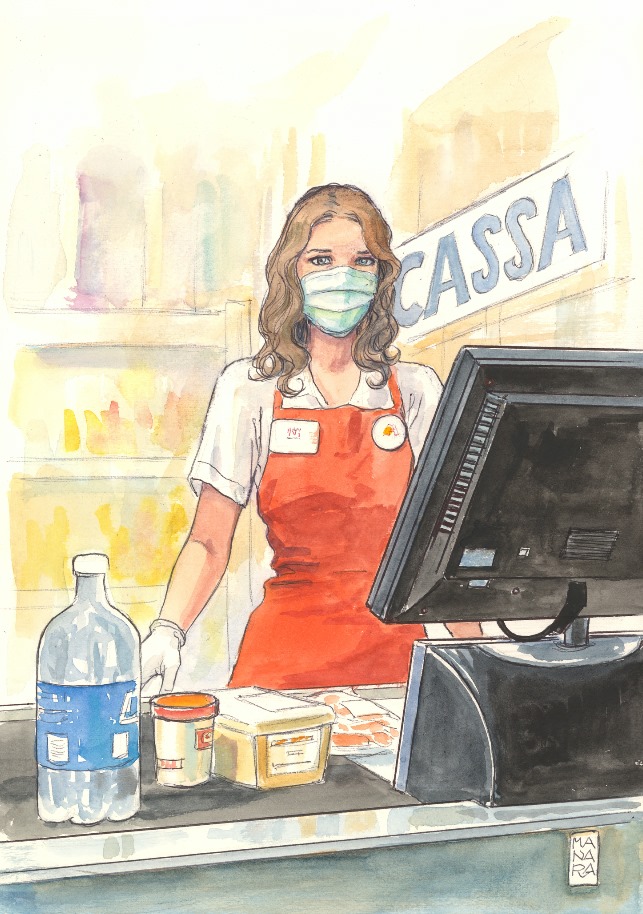 Cassiera al supermercato con mascherina
